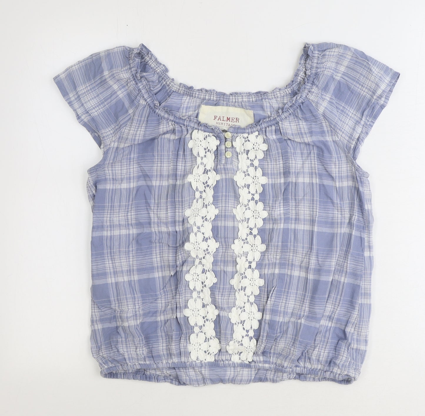 Falmer Heritage Womens Blue Plaid 100% Cotton Basic T-Shirt Size 14 Boat Neck