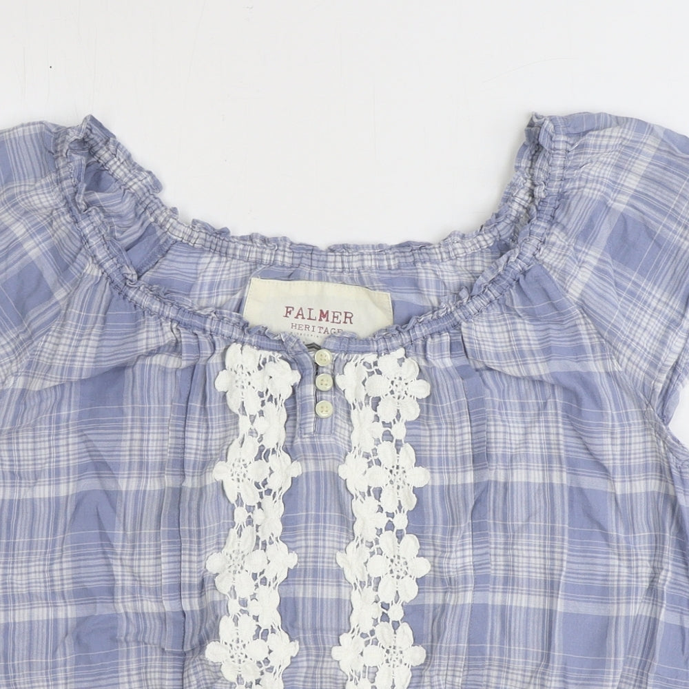 Falmer Heritage Womens Blue Plaid 100% Cotton Basic T-Shirt Size 14 Boat Neck