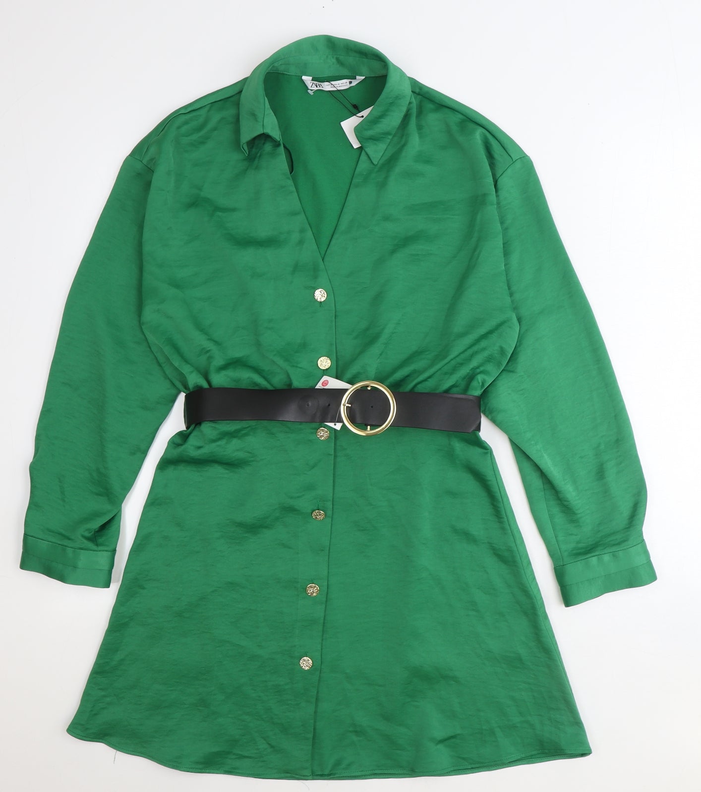 Zara Womens Green Polyester Shirt Dress Size M Collared Button