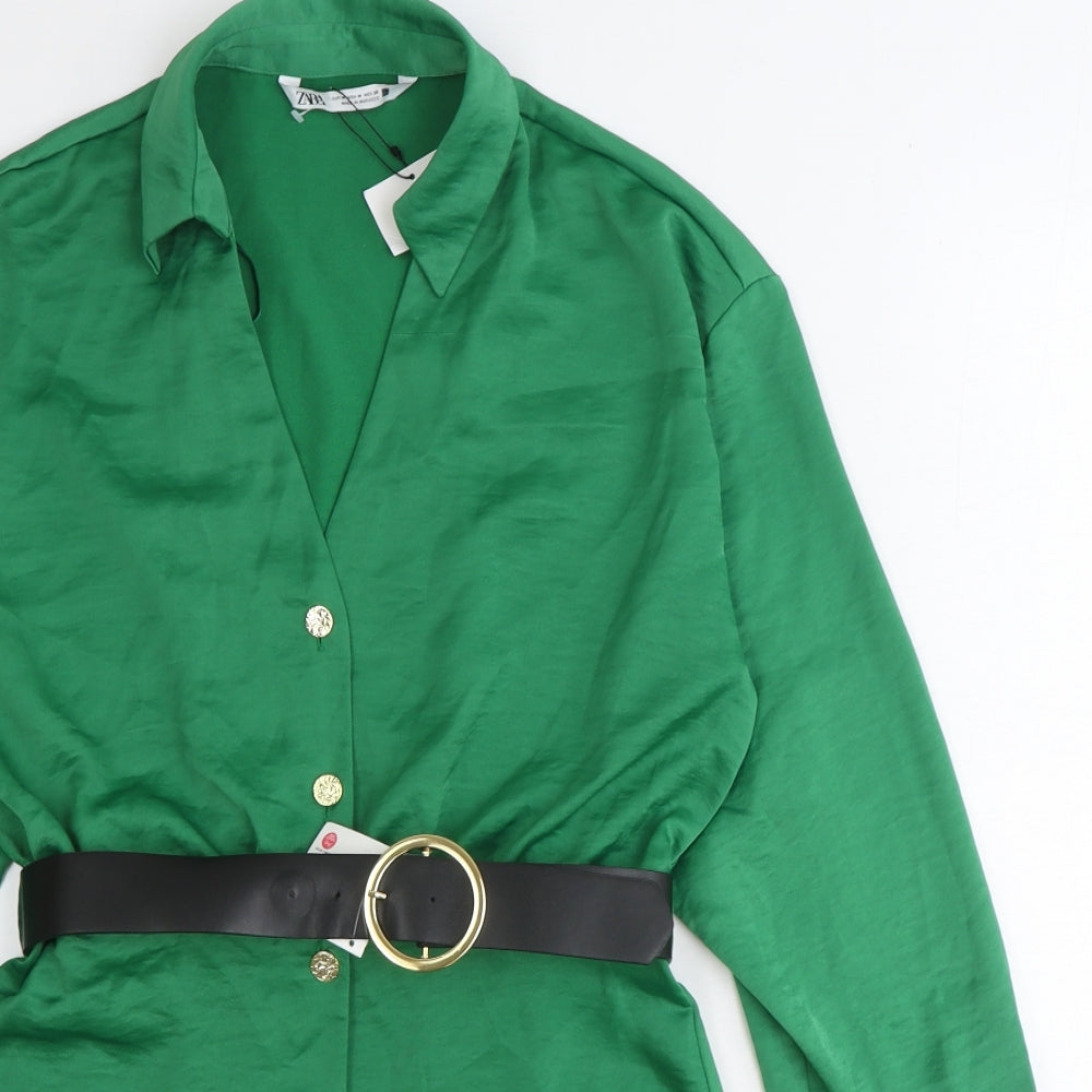 Zara Womens Green Polyester Shirt Dress Size M Collared Button
