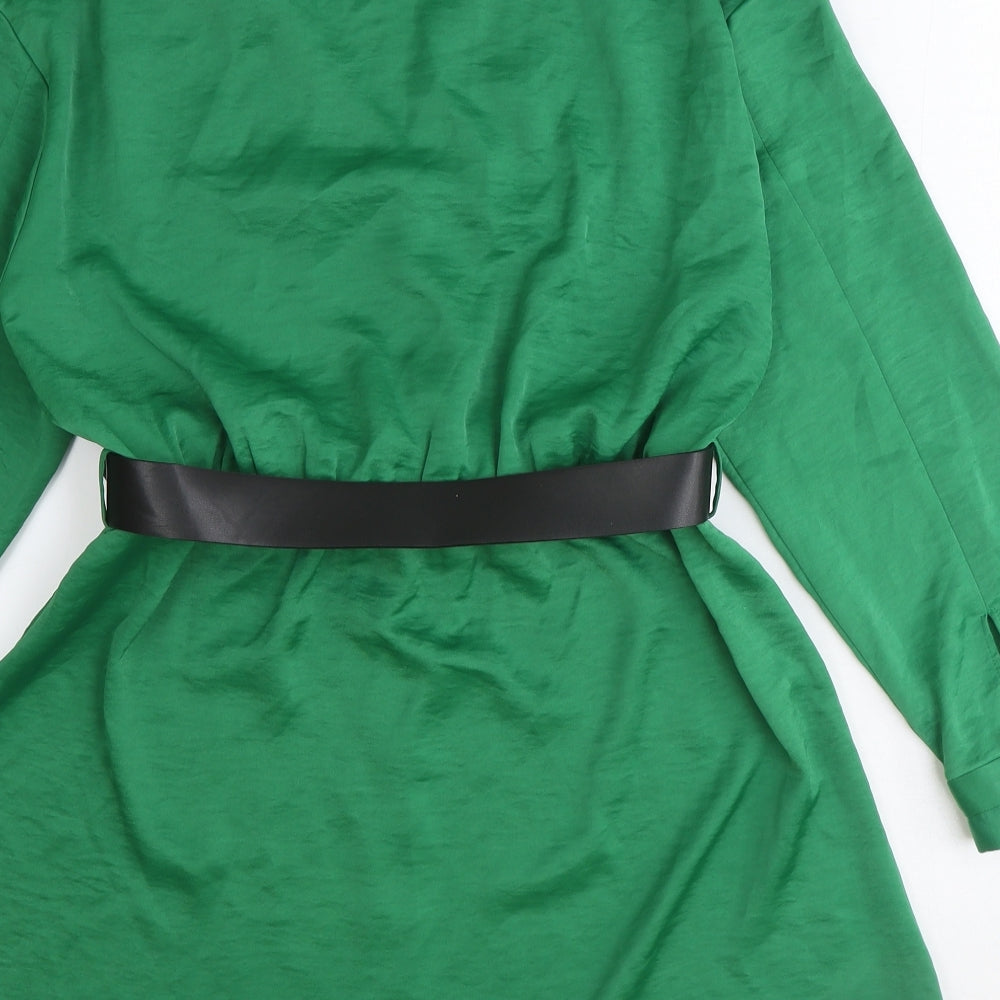 Zara Womens Green Polyester Shirt Dress Size M Collared Button