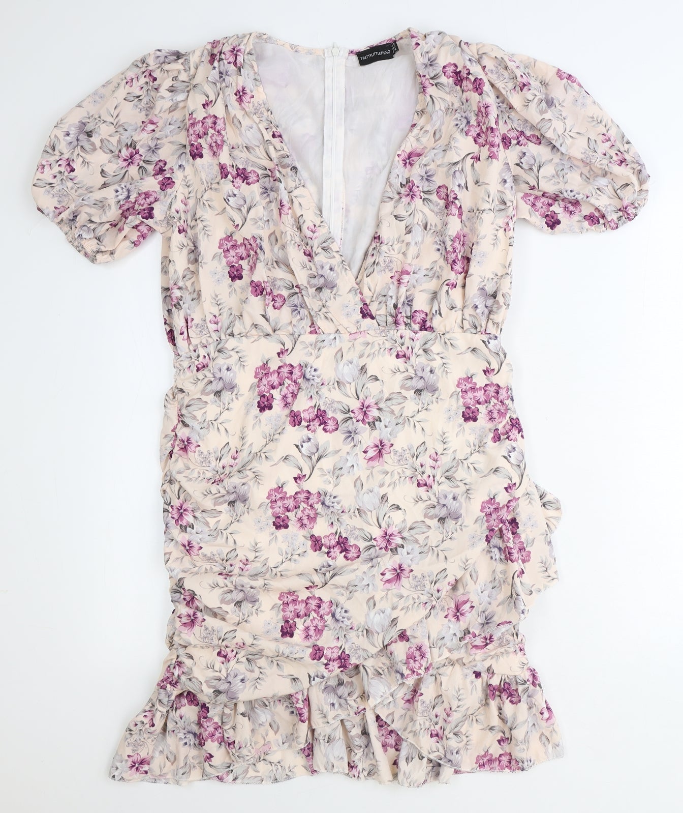 PRETTYLITTLETHING Womens Pink Floral Polyester Bodycon Size 16 V-Neck Zip