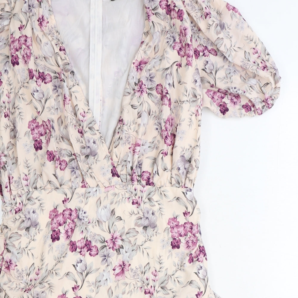 PRETTYLITTLETHING Womens Pink Floral Polyester Bodycon Size 16 V-Neck Zip