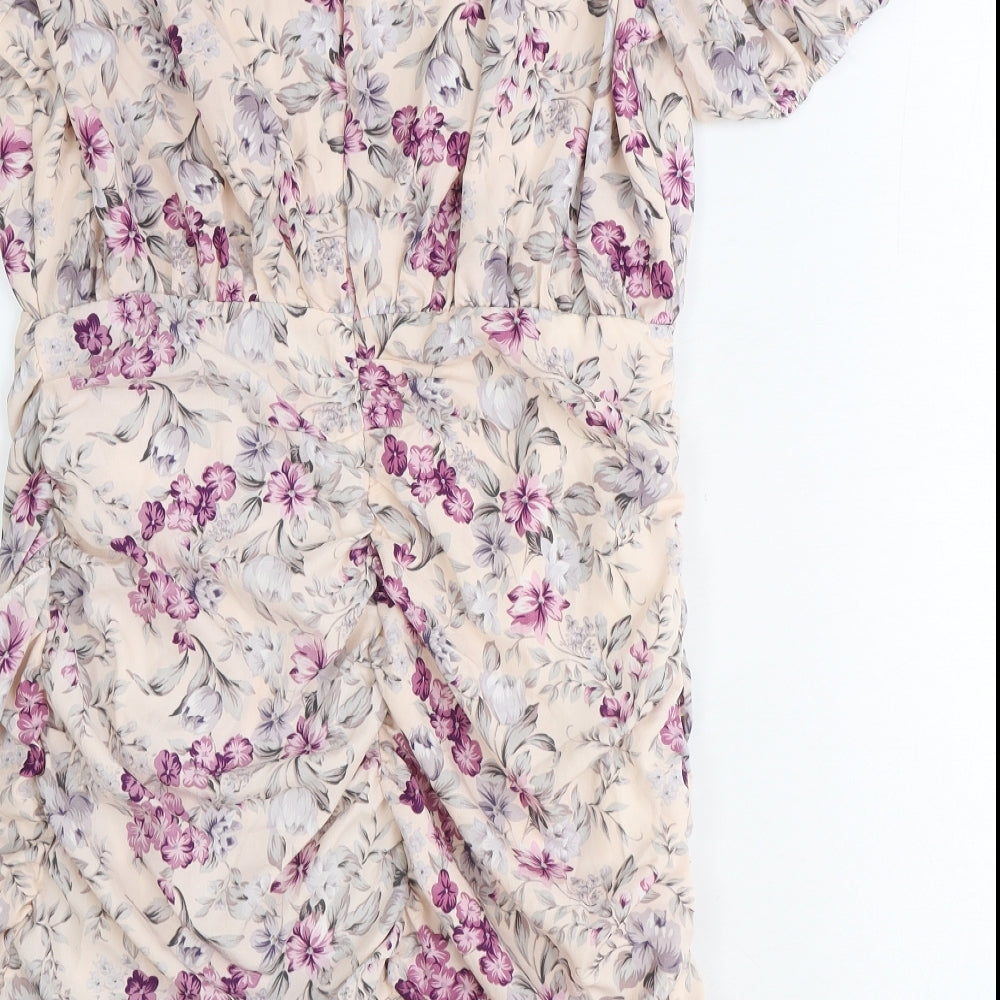 PRETTYLITTLETHING Womens Pink Floral Polyester Bodycon Size 16 V-Neck Zip
