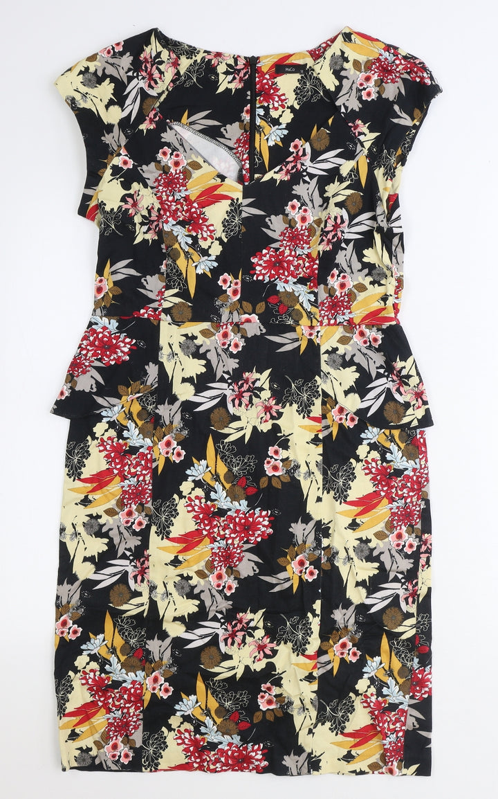 M&Co Womens Black Floral Cotton A-Line Size 12 Round Neck Zip