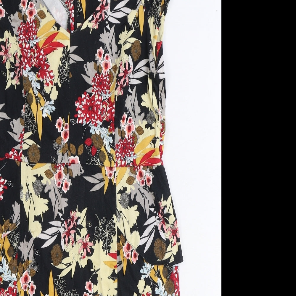 M&Co Womens Black Floral Cotton A-Line Size 12 Round Neck Zip