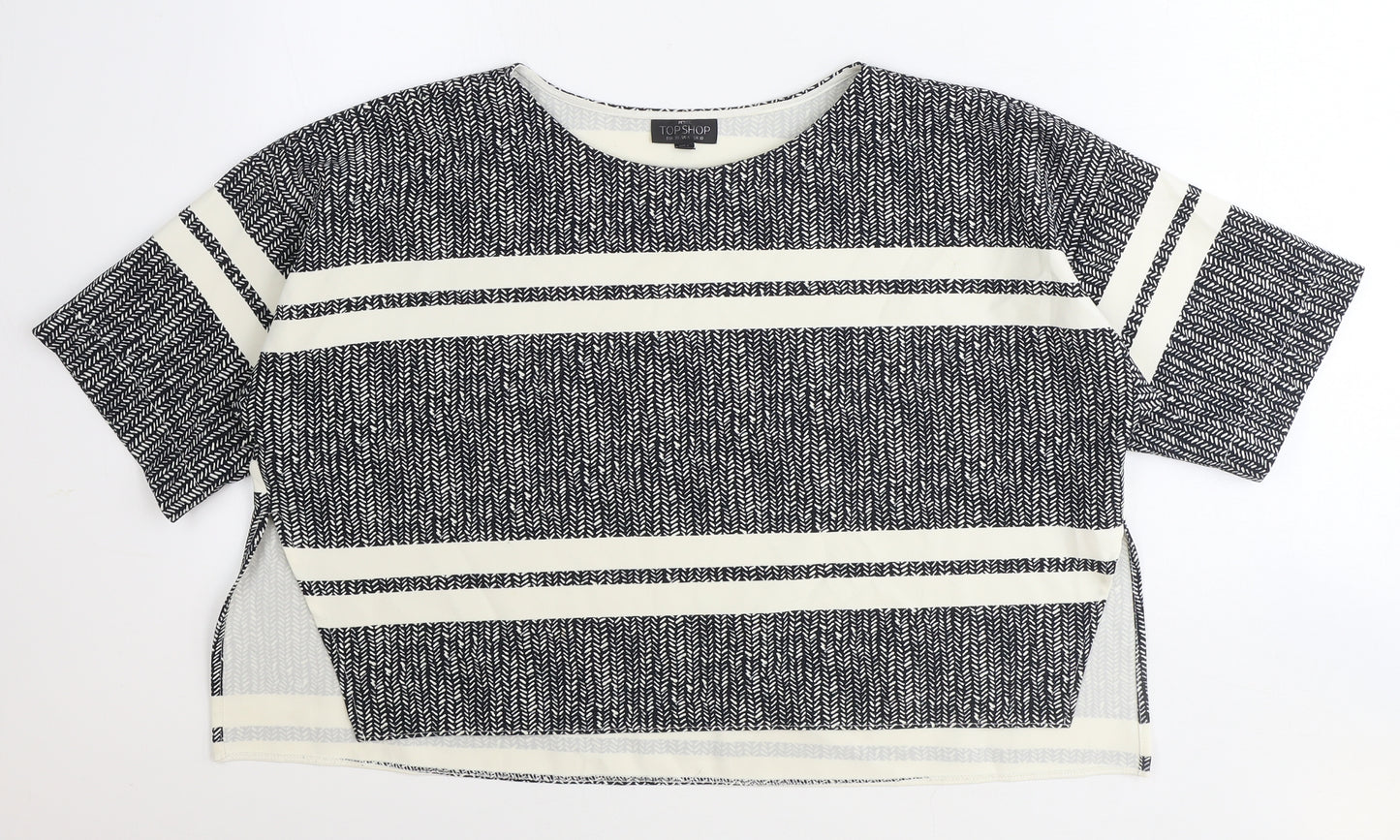 Topshop Womens Black Geometric Polyester Cropped T-Shirt Size 10 Round Neck