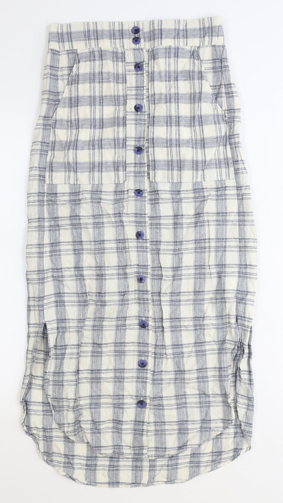 Marks and Spencer Womens Blue Plaid Cotton Straight & Pencil Skirt Size 8 Button