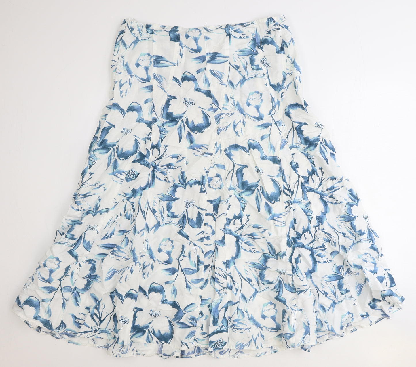 Marks and Spencer Womens White Floral Linen Swing Skirt Size 16 Zip