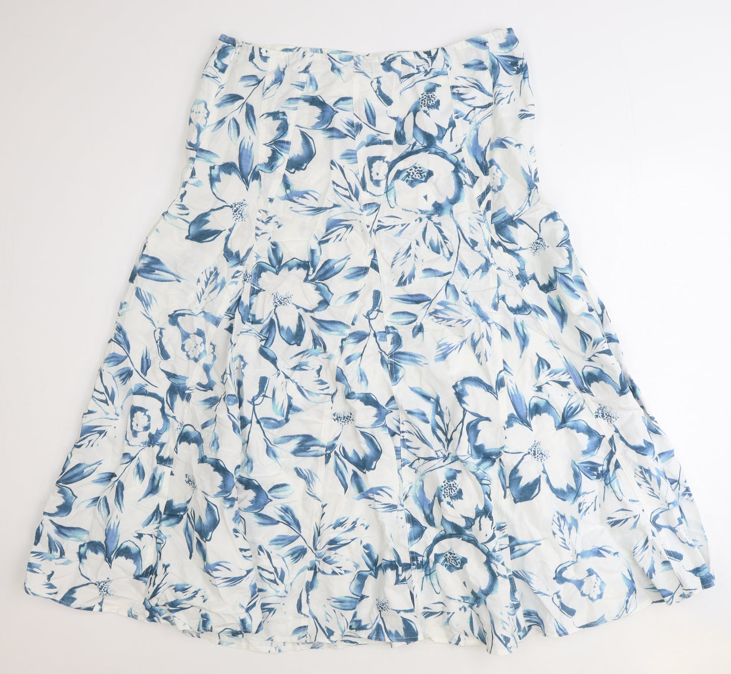 Marks and Spencer Womens White Floral Linen Swing Skirt Size 16 Zip