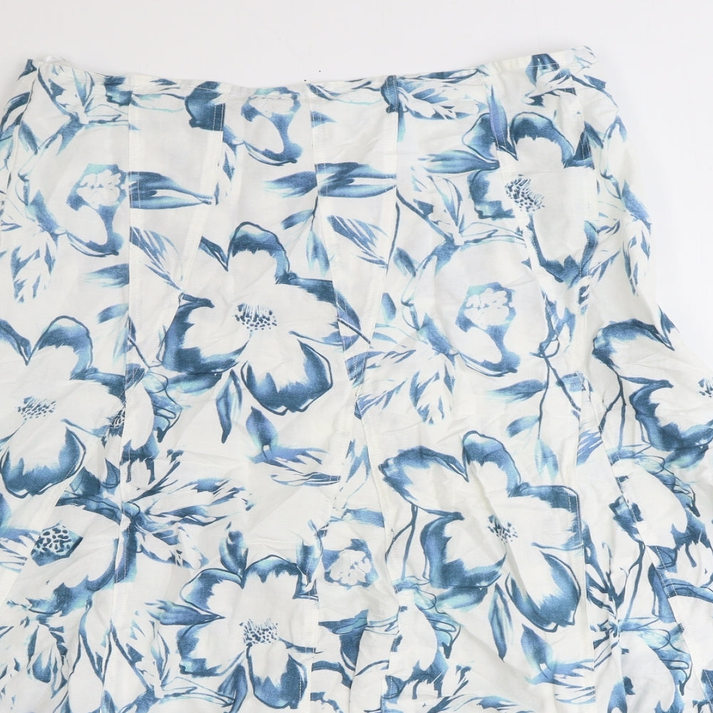 Marks and Spencer Womens White Floral Linen Swing Skirt Size 16 Zip