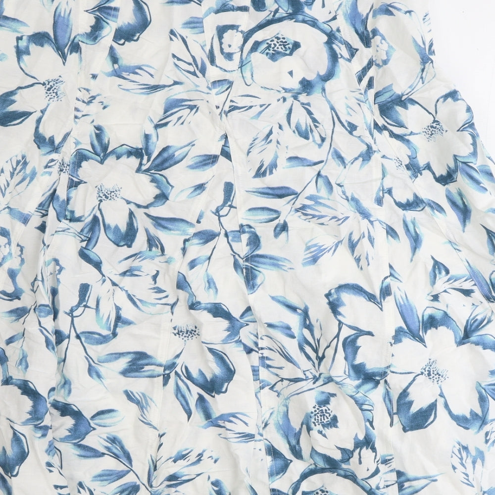 Marks and Spencer Womens White Floral Linen Swing Skirt Size 16 Zip