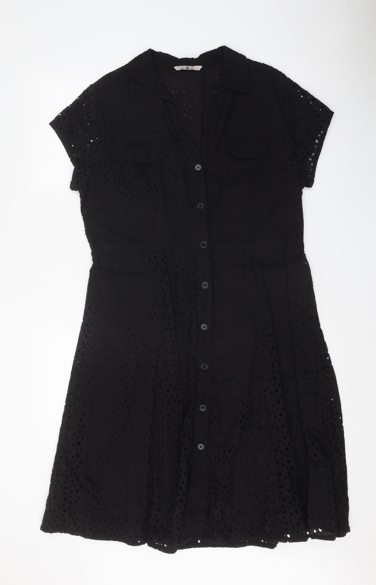 TU Womens Black Geometric Cotton Shirt Dress Size 16 Collared Button