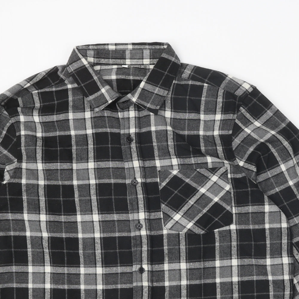 SheIn Womens Grey Plaid Polyester Basic Button-Up Size L Collared
