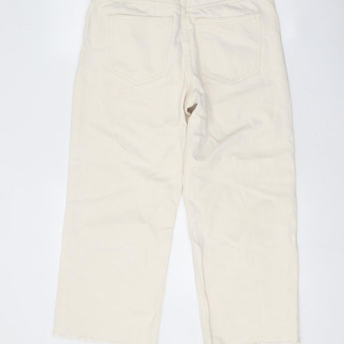Zara Womens White Cotton Straight Jeans Size 8 Regular Button - Distressed Hems