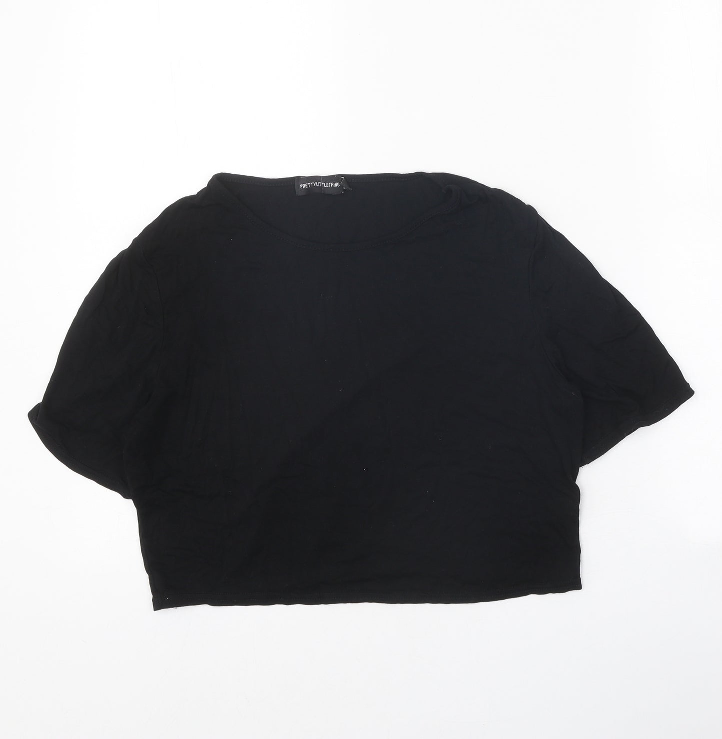 PRETTYLITTLETHING Womens Black Polyester Cropped T-Shirt Size 14 Round Neck