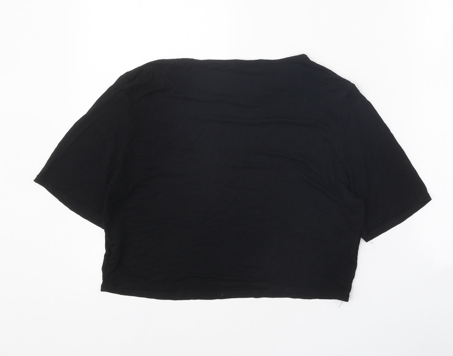 PRETTYLITTLETHING Womens Black Polyester Cropped T-Shirt Size 14 Round Neck
