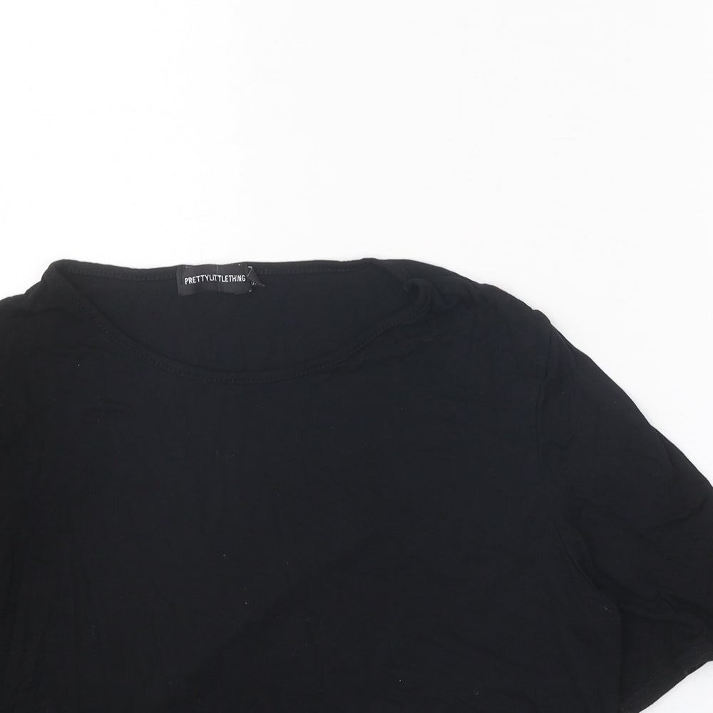 PRETTYLITTLETHING Womens Black Polyester Cropped T-Shirt Size 14 Round Neck