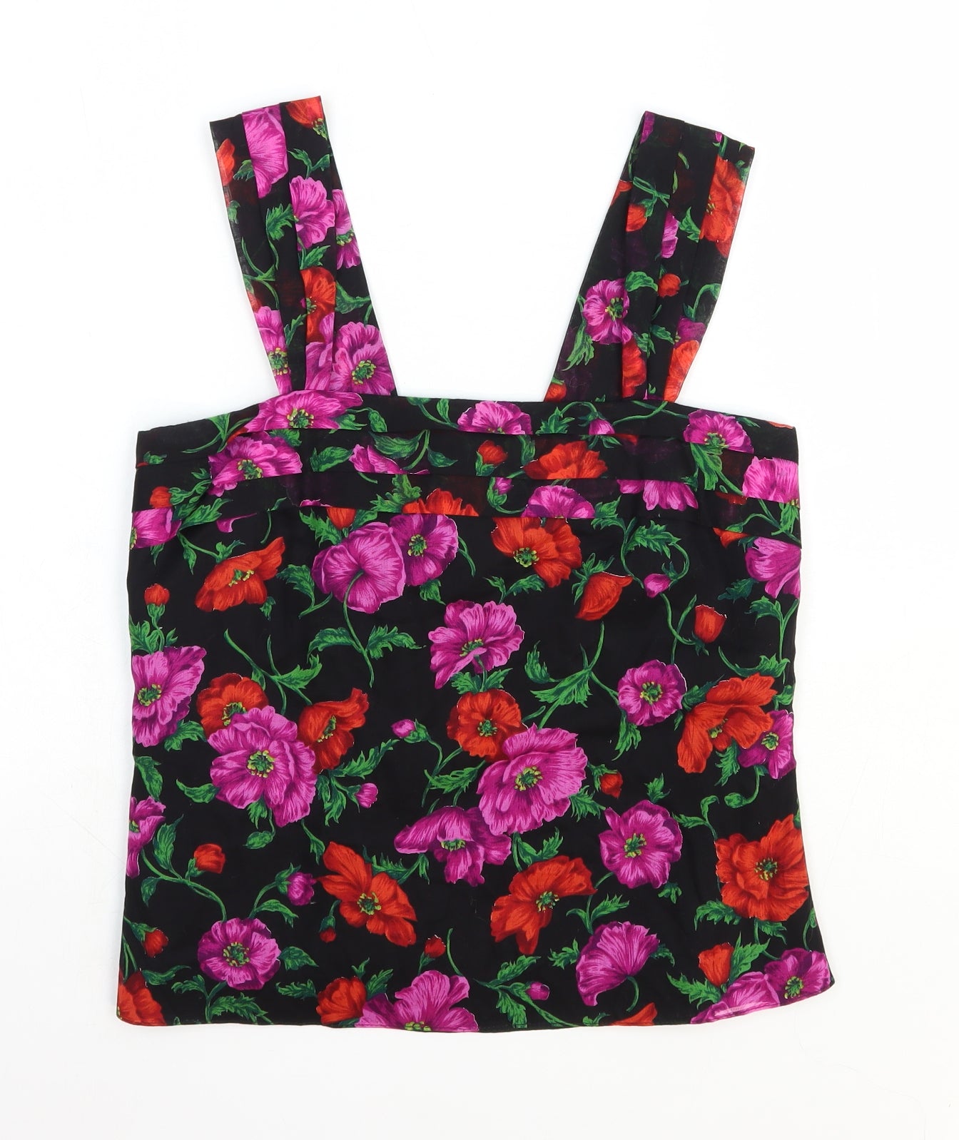 David Butler Womens Black Floral 100% Cotton Basic Tank Size 12 Square Neck