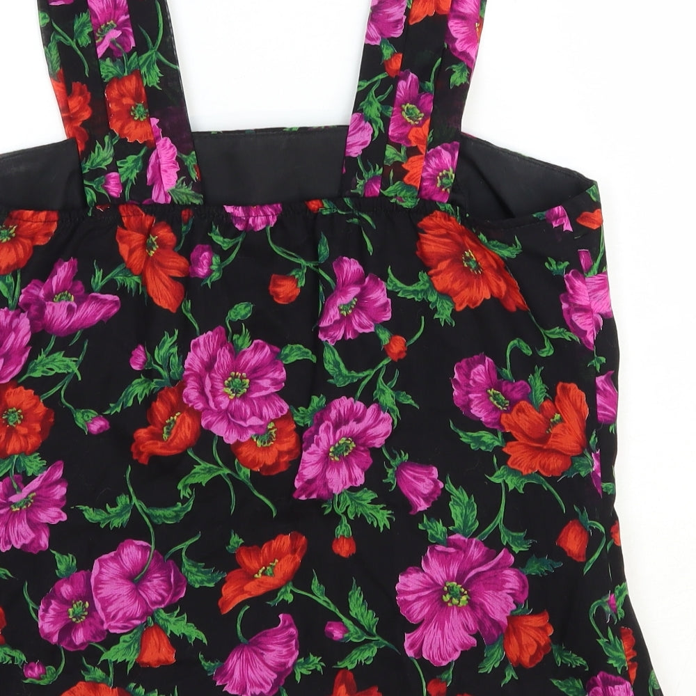 David Butler Womens Black Floral 100% Cotton Basic Tank Size 12 Square Neck