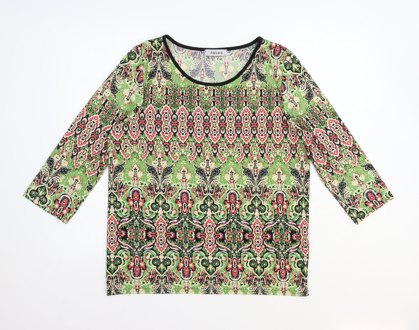 Alexara Womens Green Geometric Polyester Basic T-Shirt Size M Round Neck