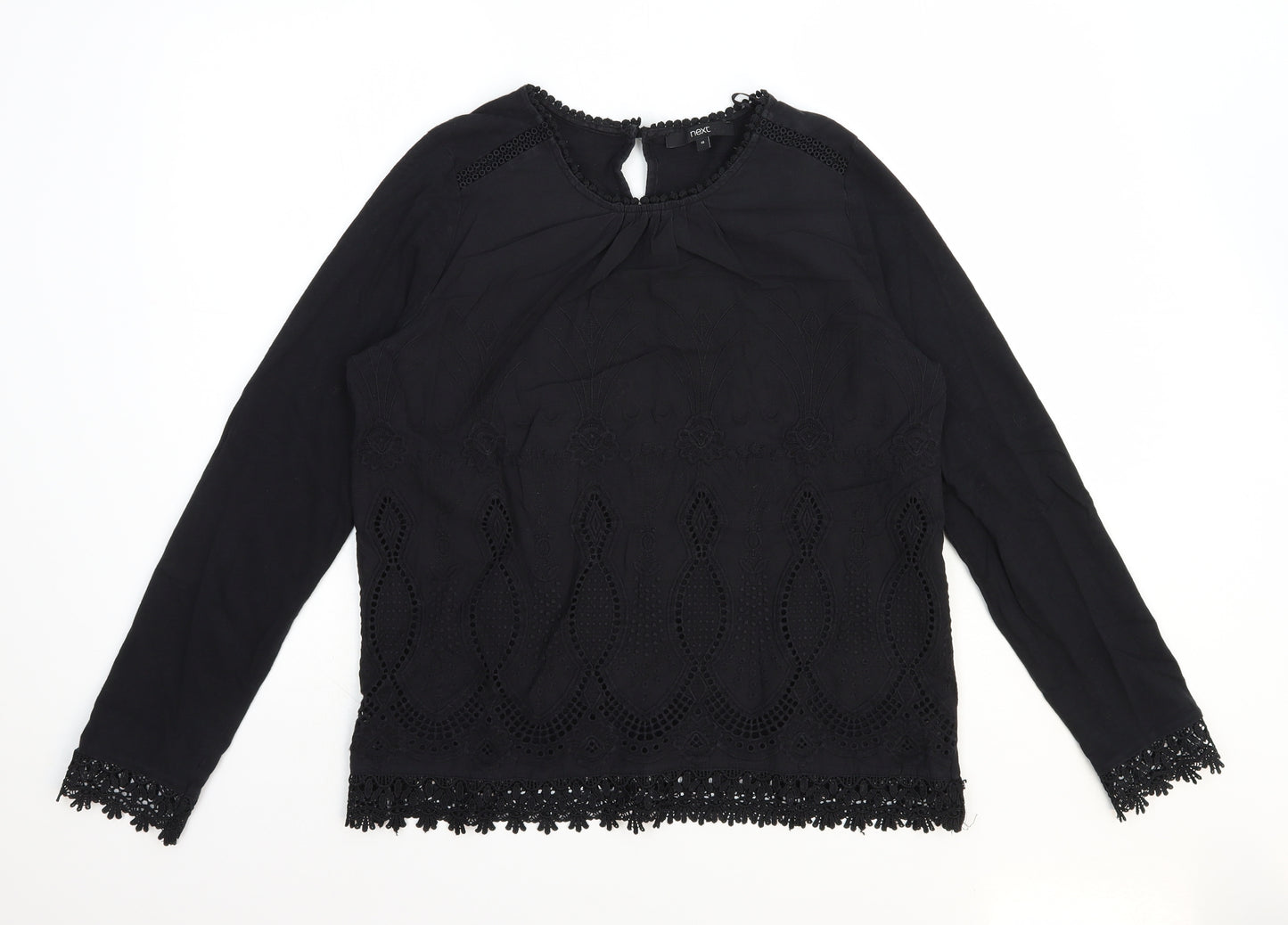 NEXT Womens Black Geometric 100% Cotton Basic T-Shirt Size 14 Round Neck - Broderie Anglaise Detail