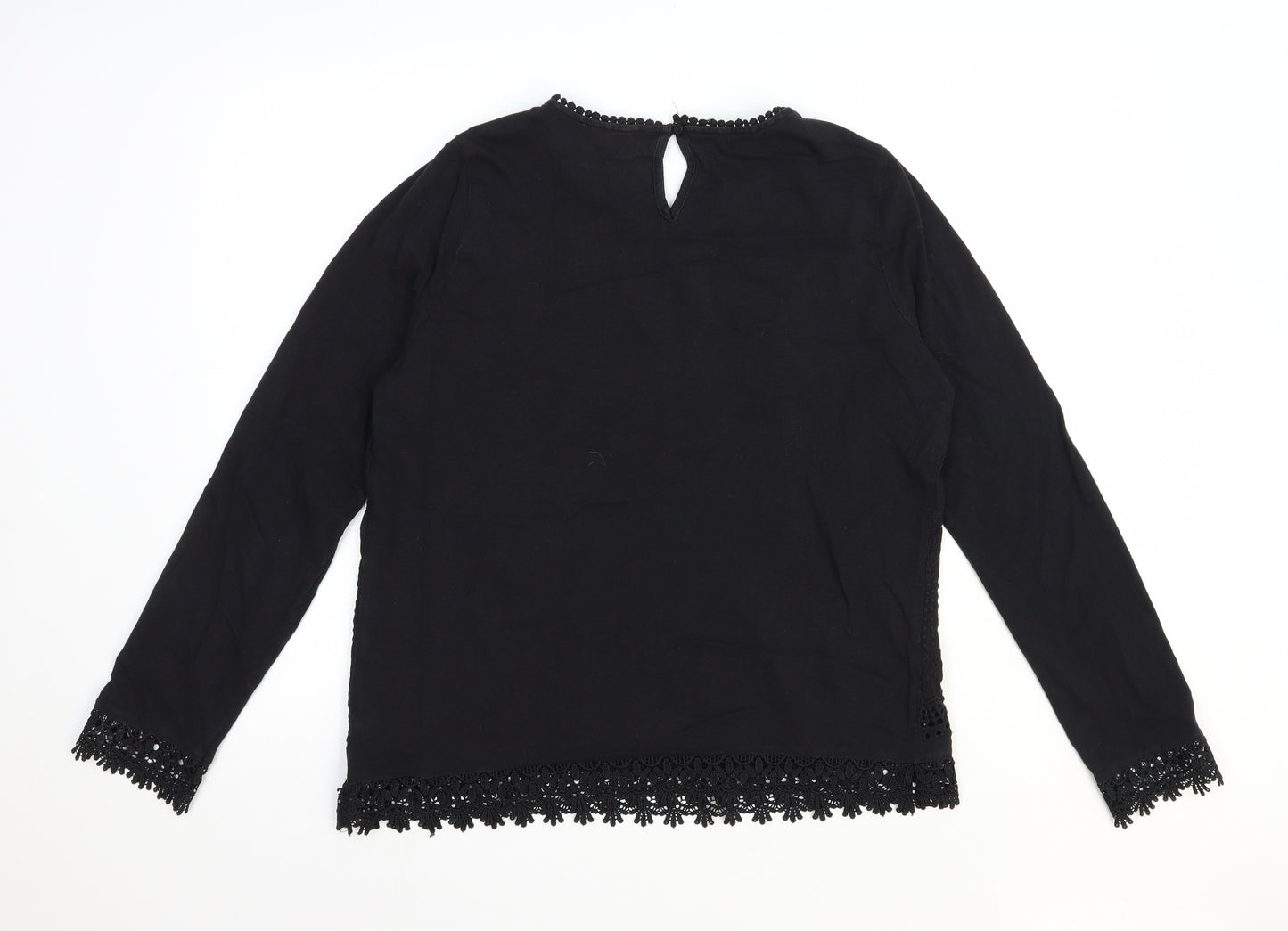 NEXT Womens Black Geometric 100% Cotton Basic T-Shirt Size 14 Round Neck - Broderie Anglaise Detail