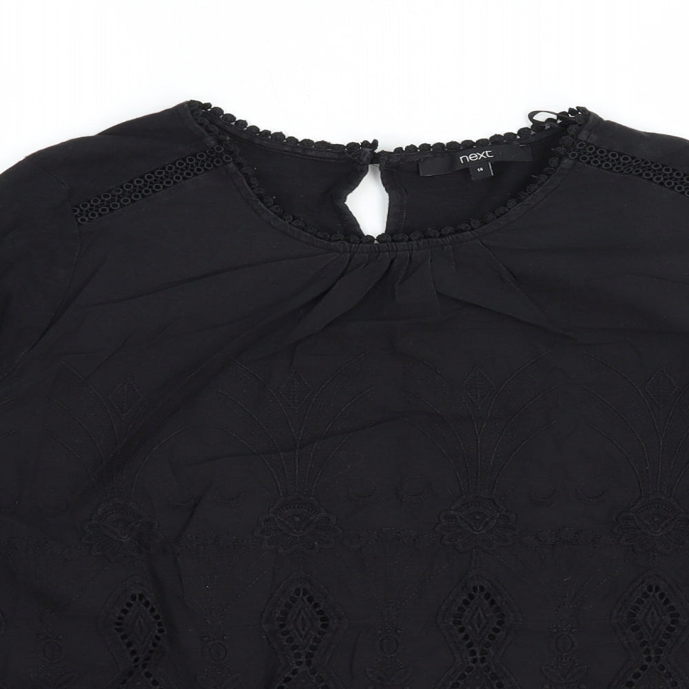 NEXT Womens Black Geometric 100% Cotton Basic T-Shirt Size 14 Round Neck - Broderie Anglaise Detail