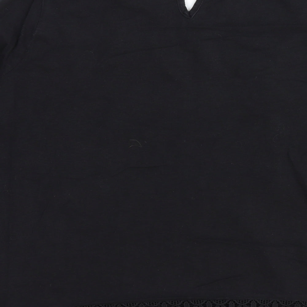 NEXT Womens Black Geometric 100% Cotton Basic T-Shirt Size 14 Round Neck - Broderie Anglaise Detail