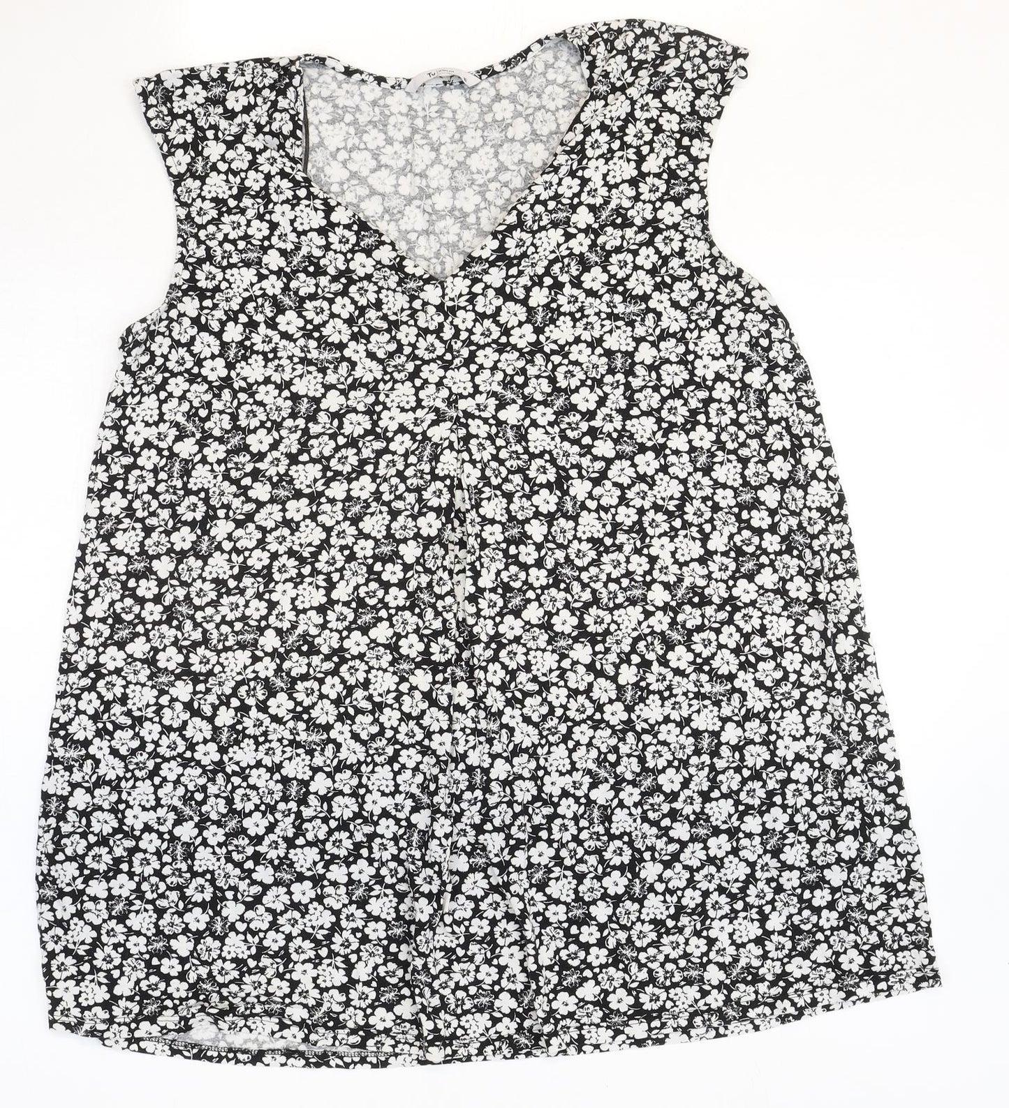 TU Womens White Floral Viscose Basic Blouse Size 16 V-Neck