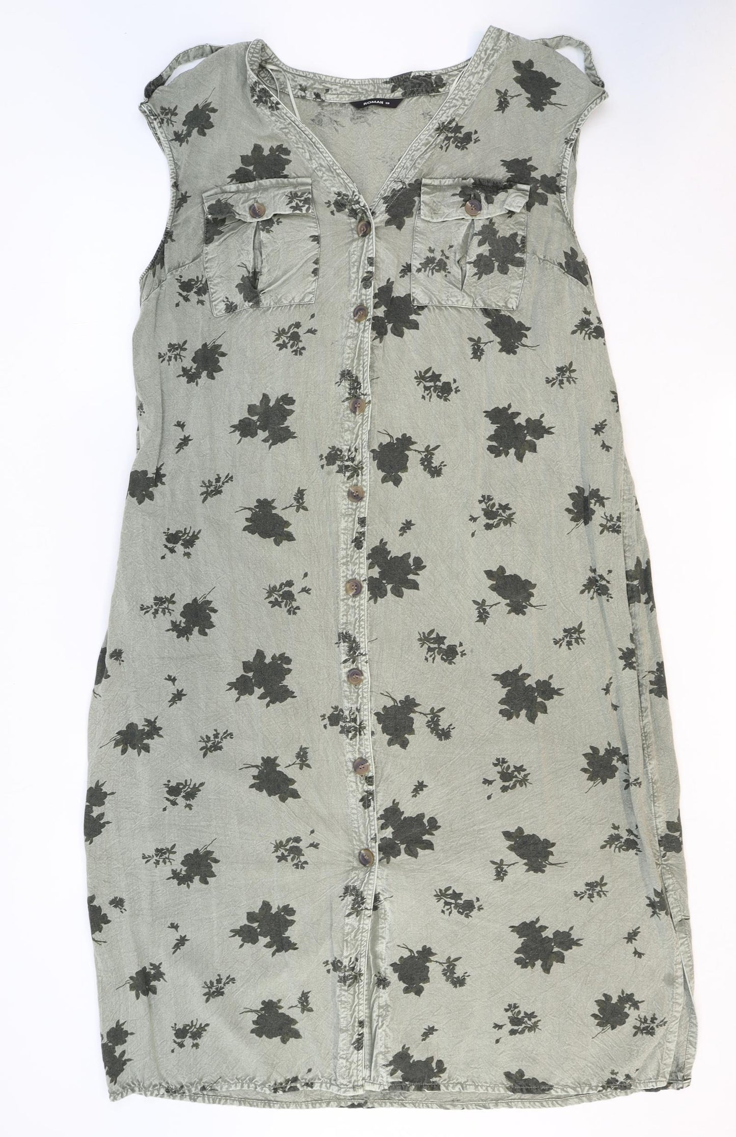 Roman Womens Grey Floral Viscose A-Line Size 20 V-Neck Button