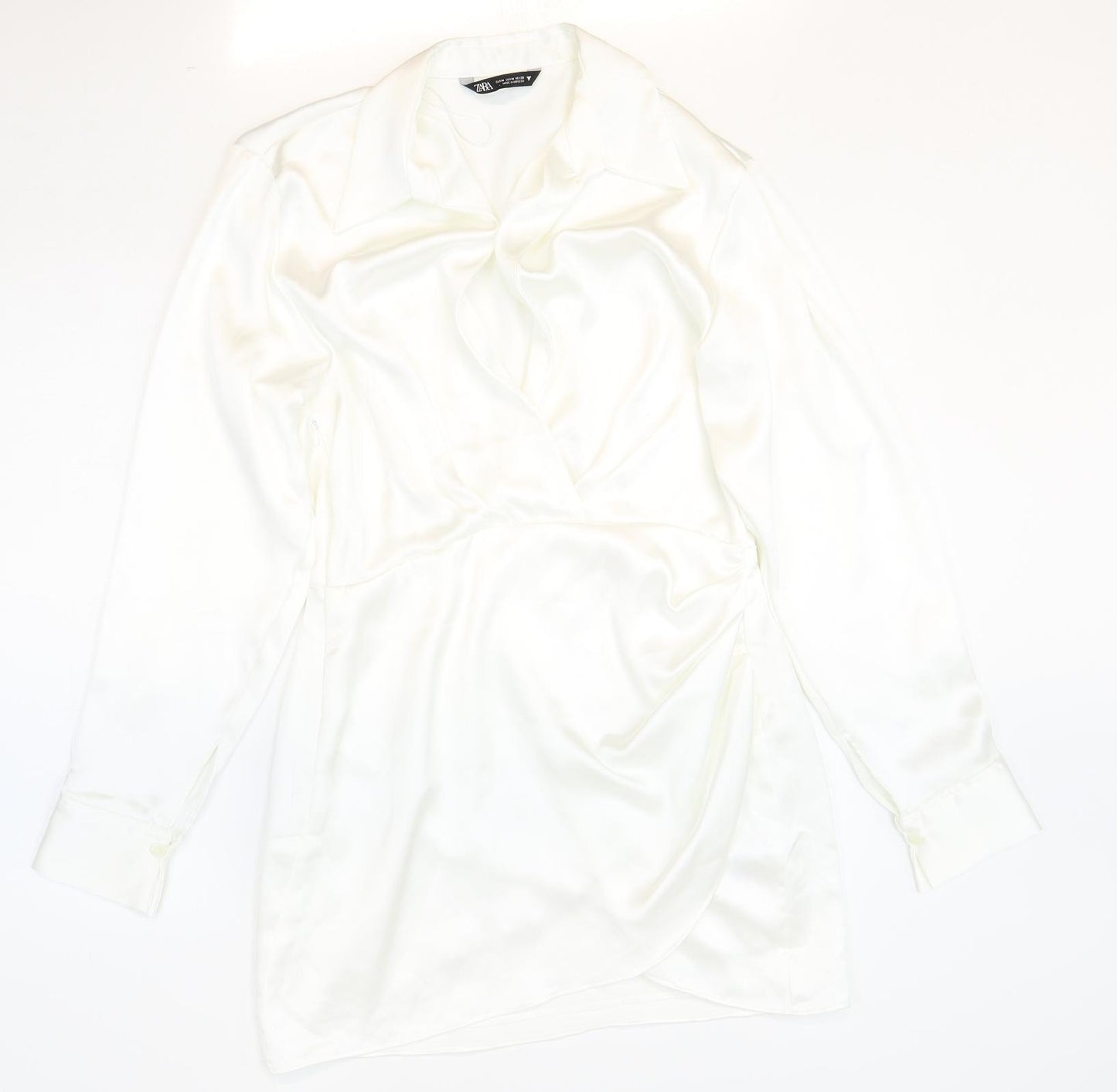 Zara Womens White Polyester Shirt Dress Size M Collared Zip