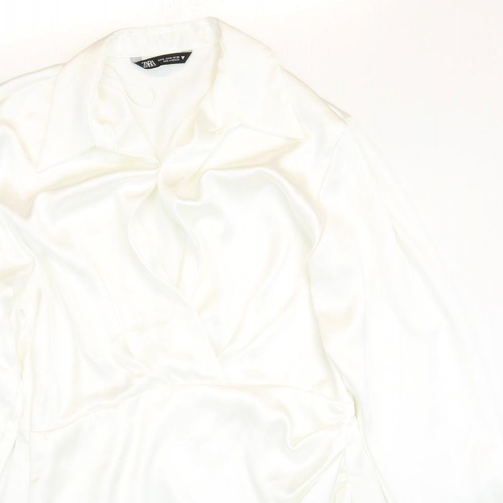 Zara Womens White Polyester Shirt Dress Size M Collared Zip