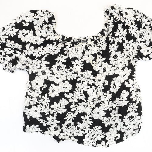 Marks and Spencer Womens Black Floral Viscose Basic Blouse Size 14 Square Neck
