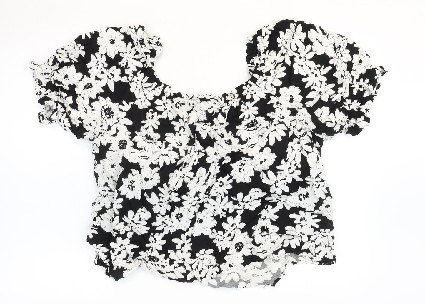 Marks and Spencer Womens Black Floral Viscose Basic Blouse Size 14 Square Neck