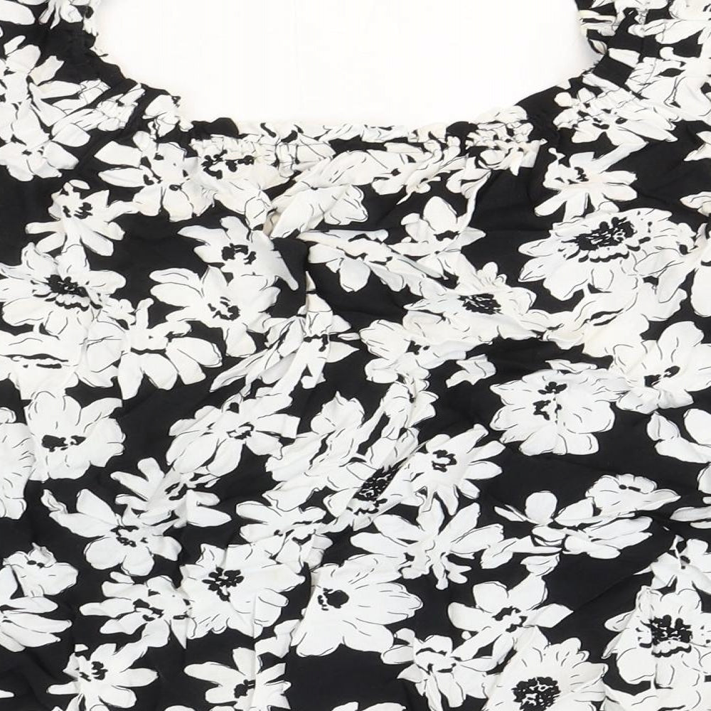 Marks and Spencer Womens Black Floral Viscose Basic Blouse Size 14 Square Neck