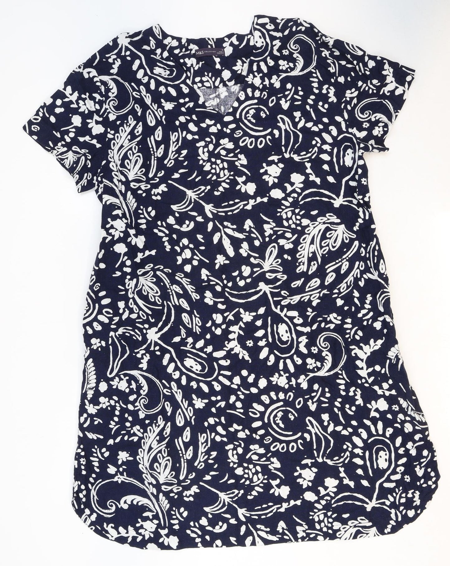 Marks and Spencer Womens Blue Geometric Linen T-Shirt Dress Size 16 V-Neck Pullover