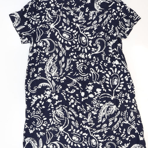 Marks and Spencer Womens Blue Geometric Linen T-Shirt Dress Size 16 V-Neck Pullover