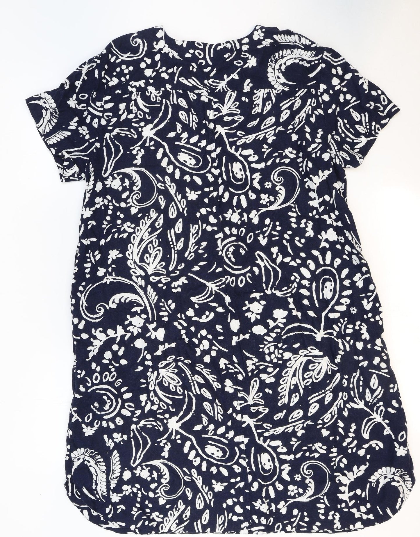 Marks and Spencer Womens Blue Geometric Linen T-Shirt Dress Size 16 V-Neck Pullover