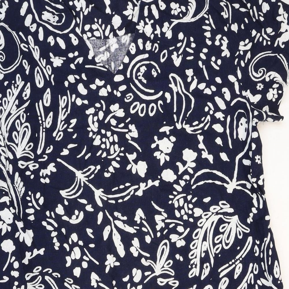 Marks and Spencer Womens Blue Geometric Linen T-Shirt Dress Size 16 V-Neck Pullover