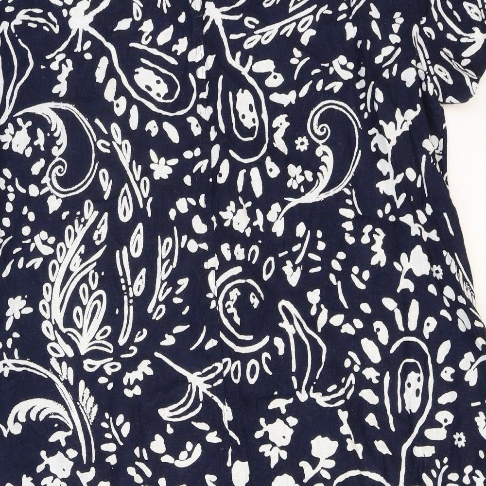 Marks and Spencer Womens Blue Geometric Linen T-Shirt Dress Size 16 V-Neck Pullover