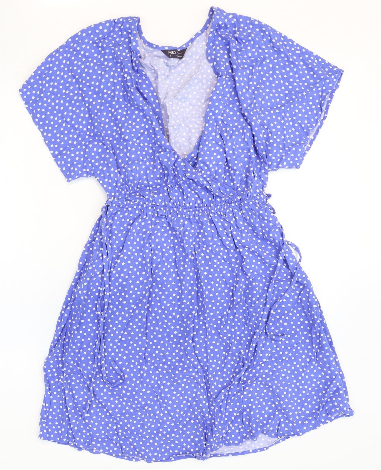 Marks and Spencer Womens Blue Polka Dot Viscose Fit & Flare Size 8 V-Neck Pullover