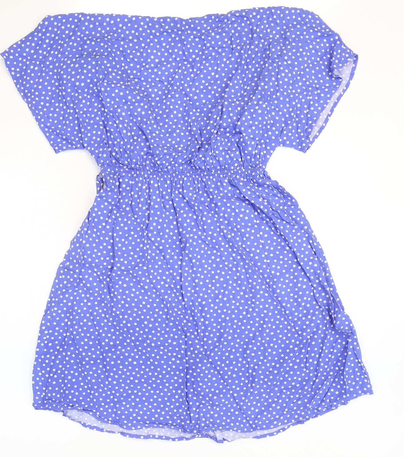 Marks and Spencer Womens Blue Polka Dot Viscose Fit & Flare Size 8 V-Neck Pullover