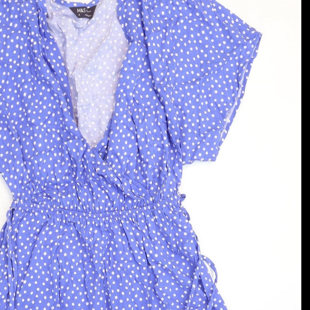Marks and Spencer Womens Blue Polka Dot Viscose Fit & Flare Size 8 V-Neck Pullover