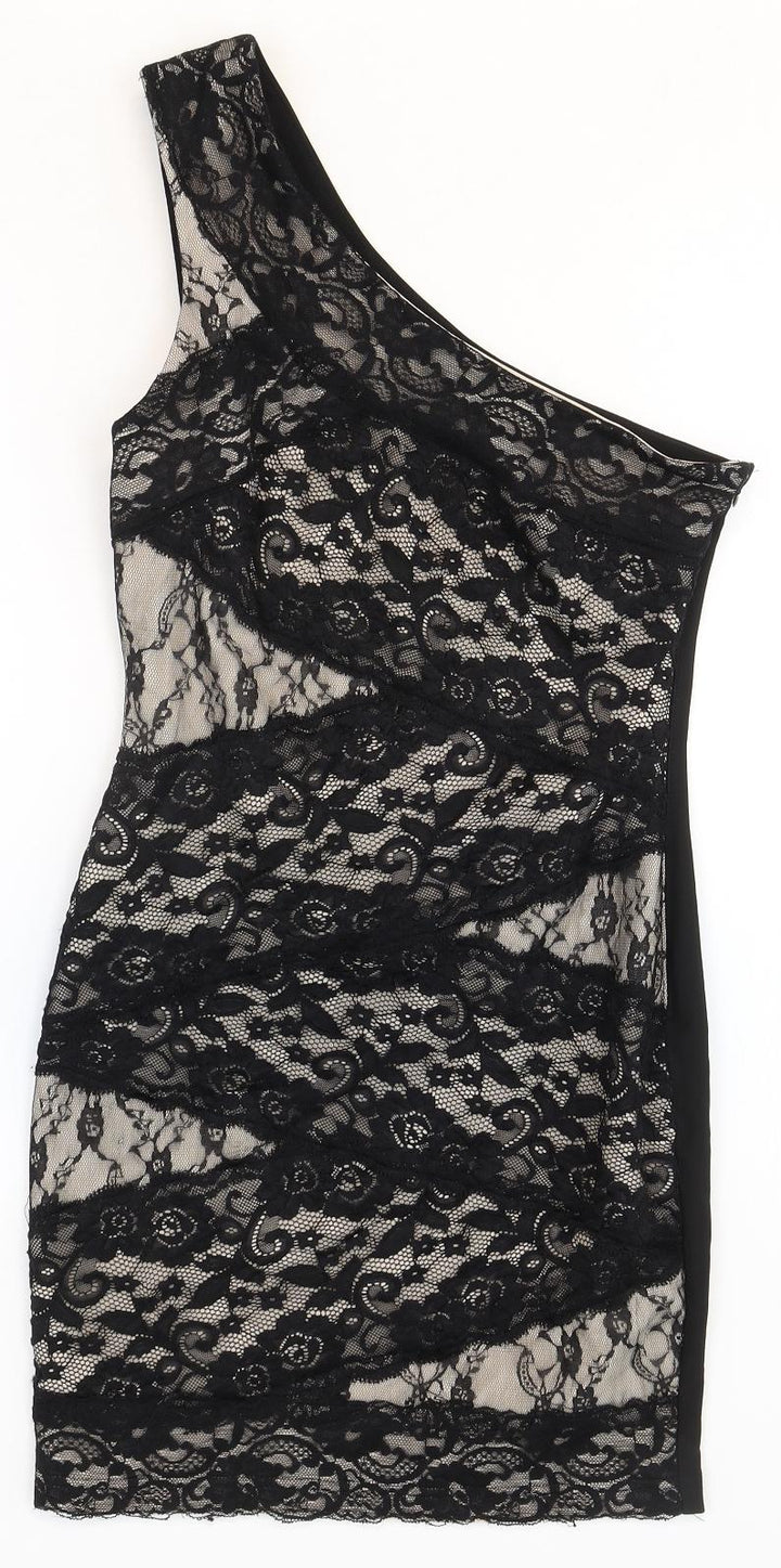 Lipsy Womens Black Geometric Polyester Fit & Flare Size 8 Round Neck Zip