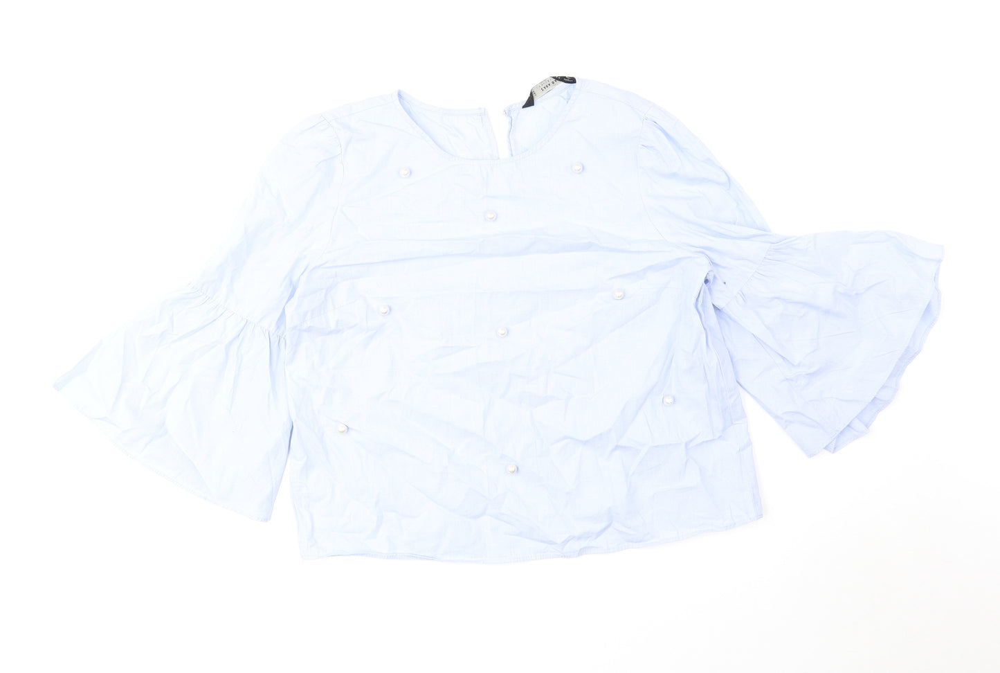 Zara Womens Blue 100% Cotton Basic Blouse Size M Round Neck