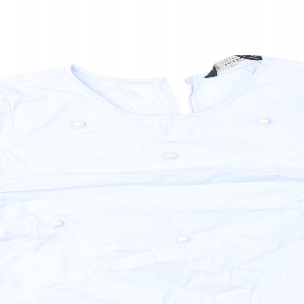 Zara Womens Blue 100% Cotton Basic Blouse Size M Round Neck