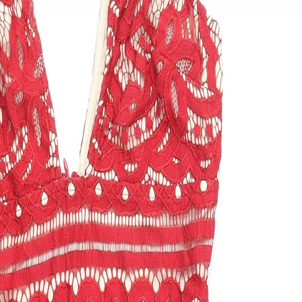 M Womens Red Geometric Nylon A-Line Size 8 V-Neck Zip