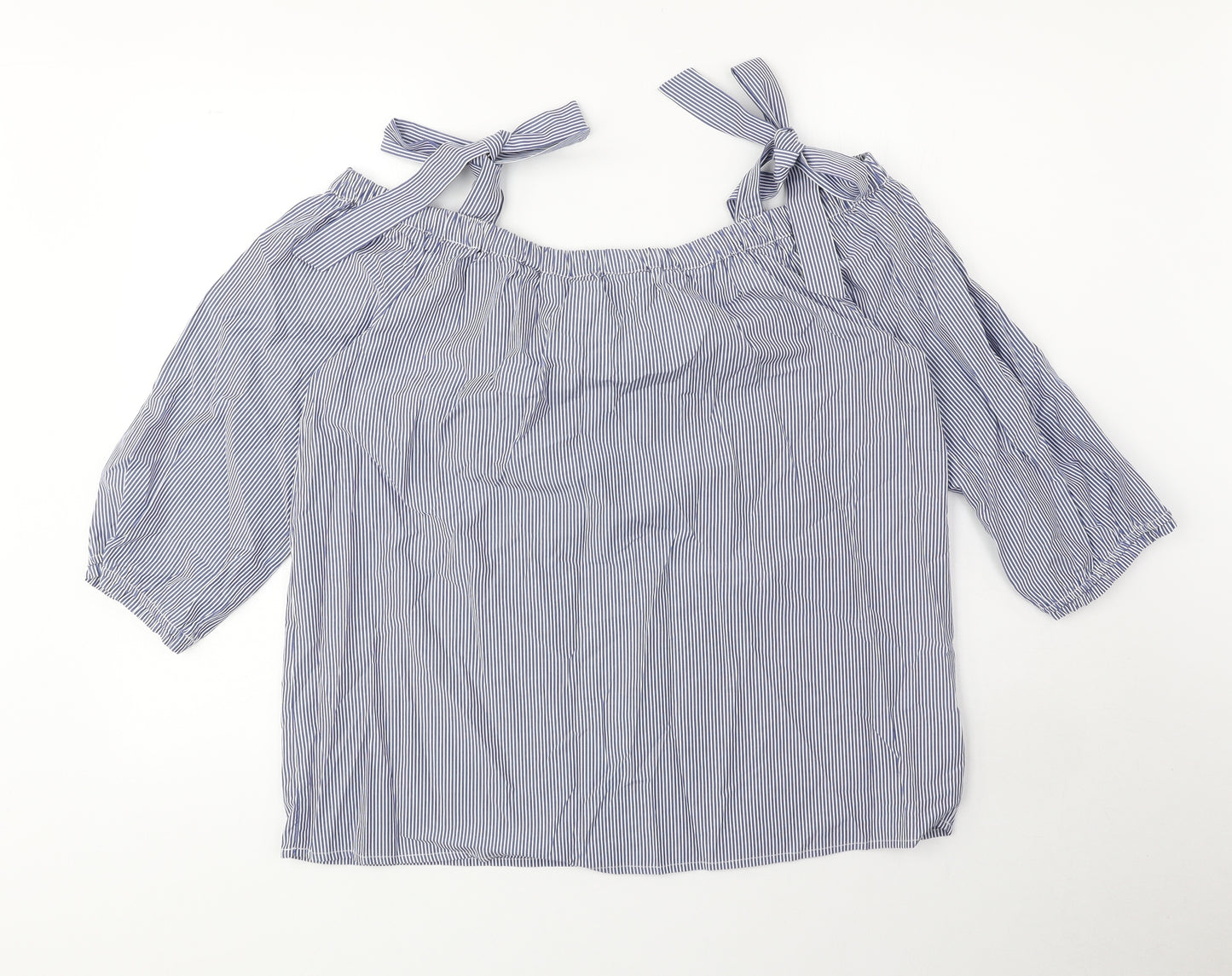 Dorothy Perkins Womens Blue Striped Polyester Basic Blouse Size 16 Off the Shoulder - Flower Detail