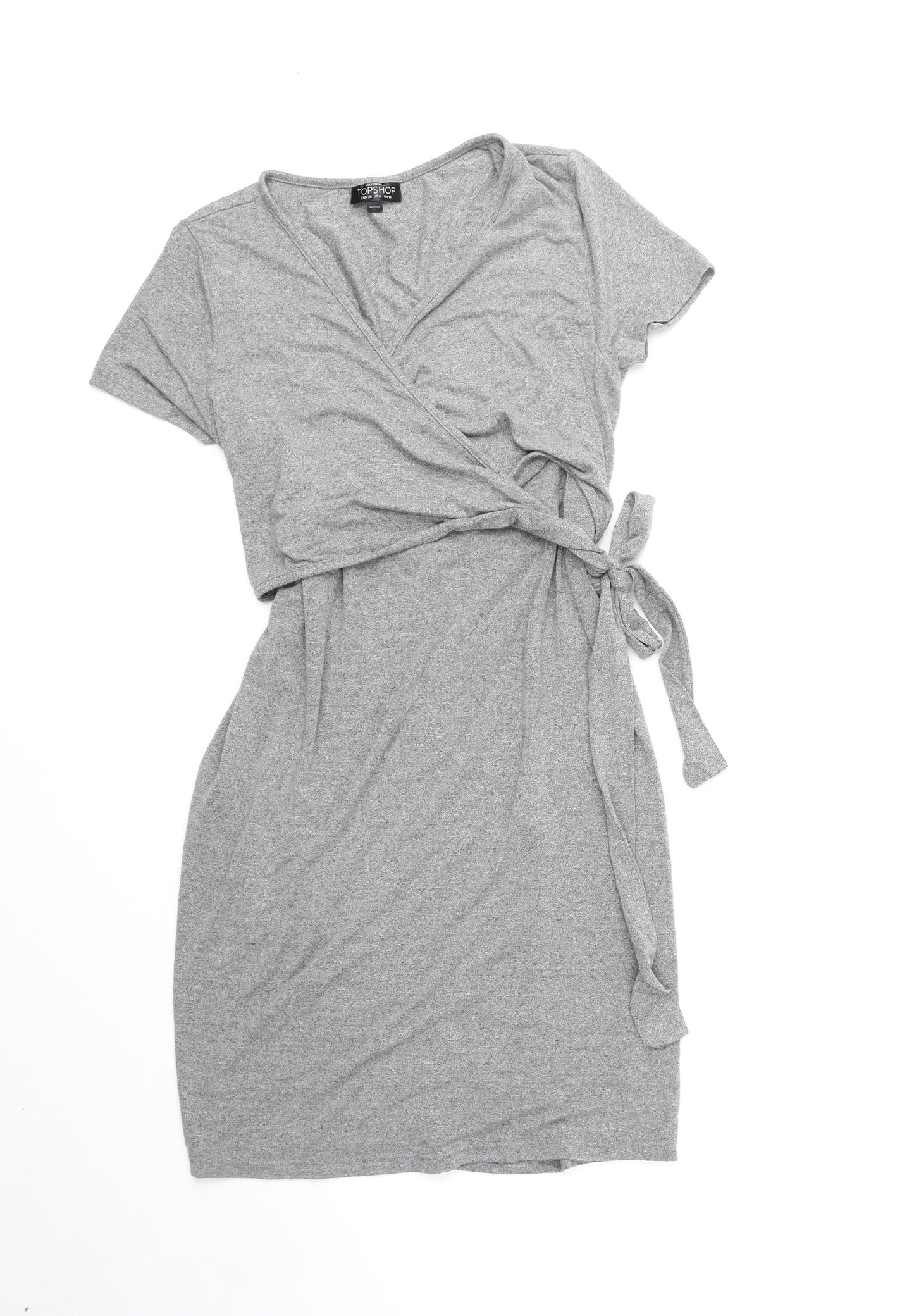 Topshop Womens Grey Viscose Bodycon Size 10 V-Neck Tie